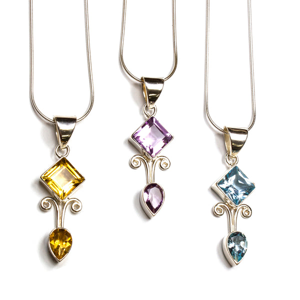 SS Diamond/Pear Citrine/Amethyst/Blue Topaz Necklace