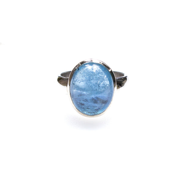SS Oval Aquamarine Cabochon Bezel Ring (Size 8)