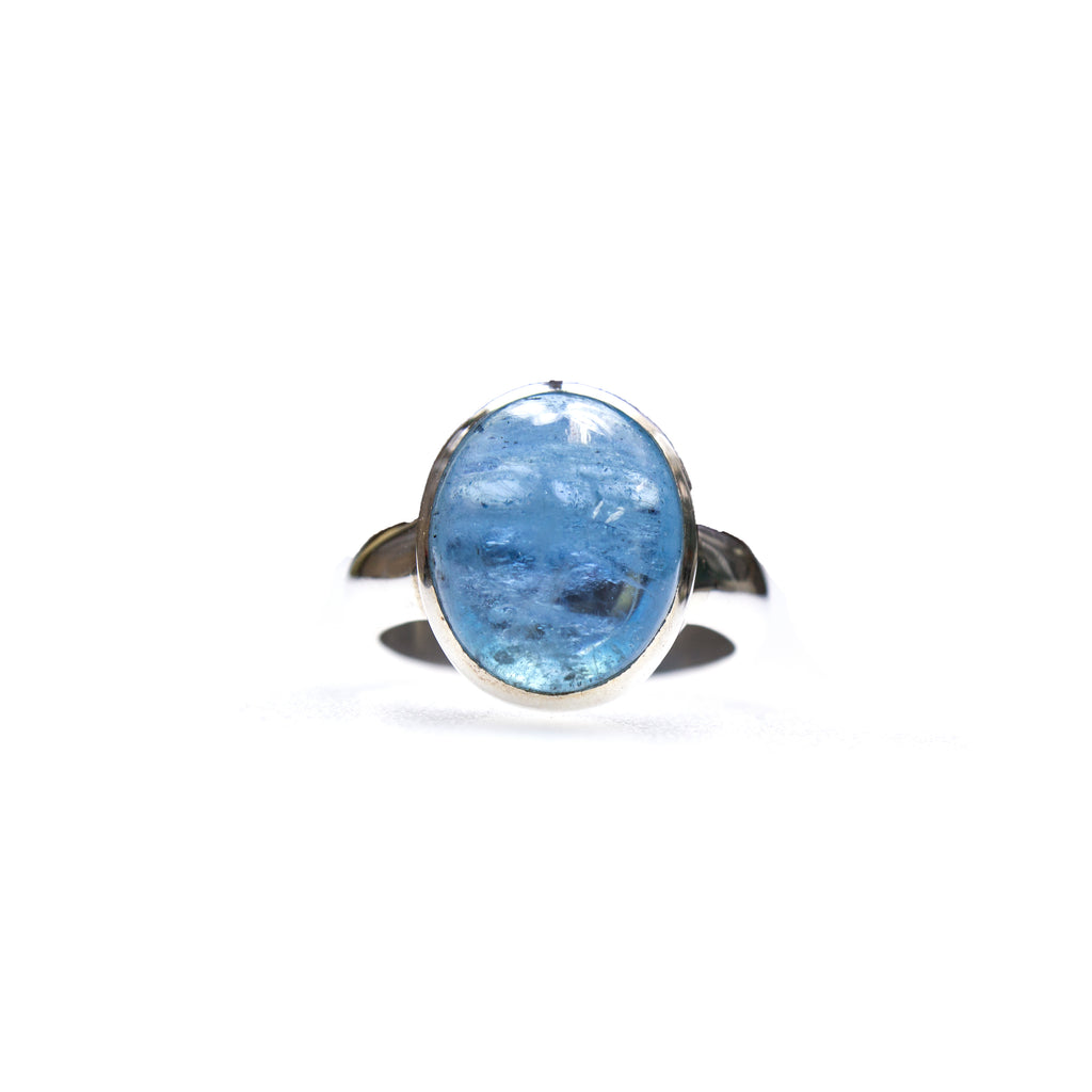 SS Oval Aquamarine Cabochon Bezel Ring (Size 8)