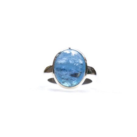 SS Oval Aquamarine Cabochon Bezel Ring (Size 7)