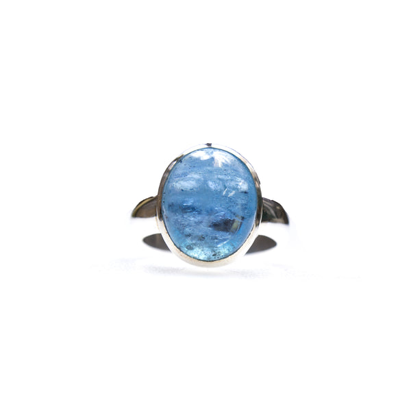 SS Oval Aquamarine Cabochon Bezel Ring (Size 8)