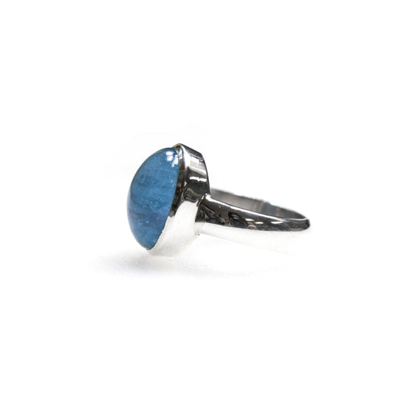 SS Oval Aquamarine Cabochon Bezel Ring (Size 8)