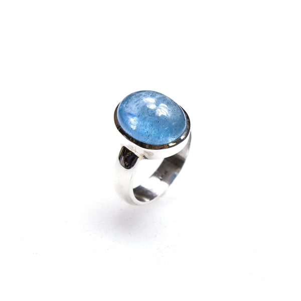 SS Oval Aquamarine Cabochon Bezel Ring (Size 8)
