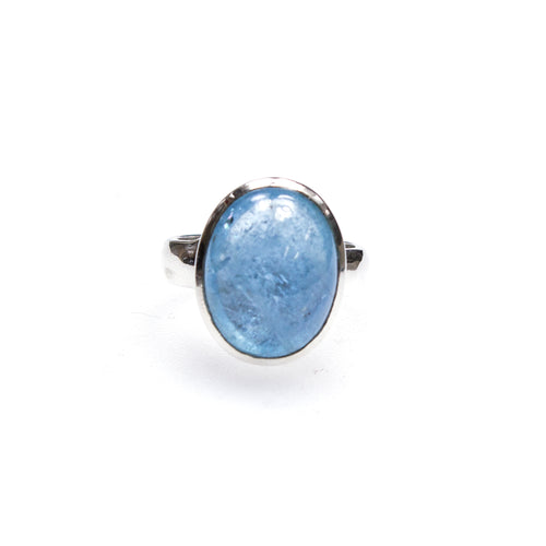SS Oval Aquamarine Cabochon Bezel Ring (Size 7)