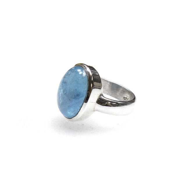 SS Oval Aquamarine Cabochon Bezel Ring (Size 7)