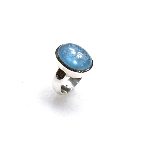 SS Oval Aquamarine Cabochon Bezel Ring (Size 7)