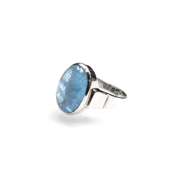 SS Flared Band Aquamarine Oval Bezel Ring (Size 10)