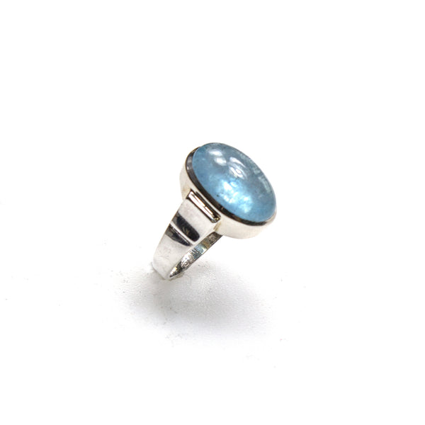 SS Flared Band Aquamarine Oval Bezel Ring (Size 10)