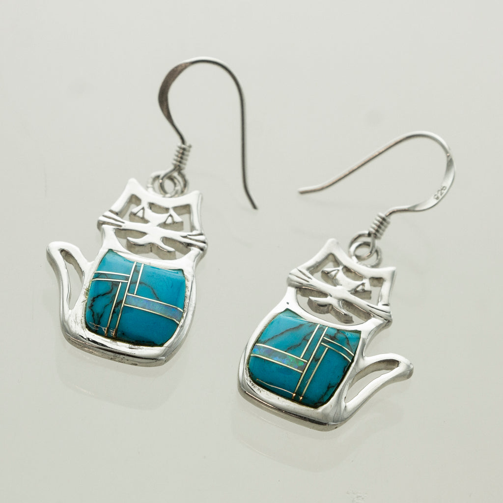 SS Turquoise & Created Opal Inlay Cat Earrings