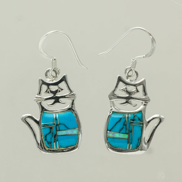 SS Turquoise & Created Opal Inlay Cat Earrings