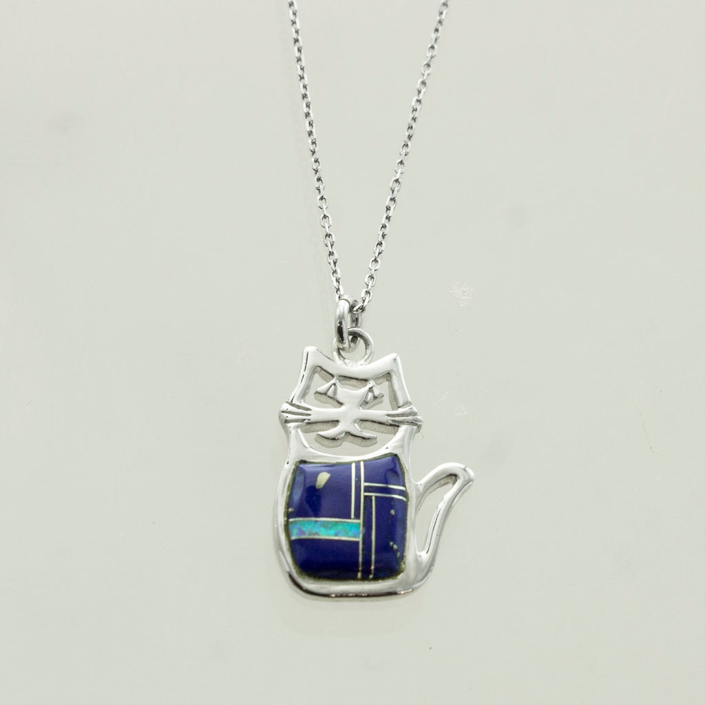 SS Lapis & Created Opal Cat Necklace
