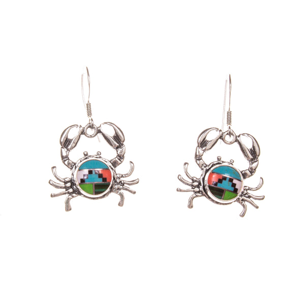 Sterling Silver Round Crab Bright Inlay Earrings