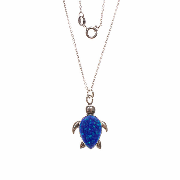 Sterling Silver Created Blue Opal Turtle Necklace