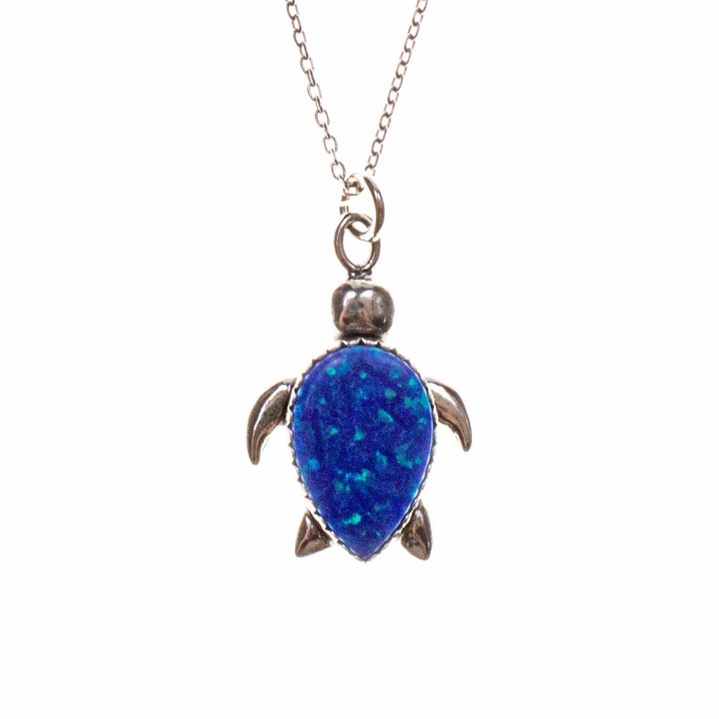 Sterling Silver Created Blue Opal Turtle Necklace