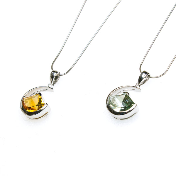 SS Citrine/Green Amethyst Lens Cut Crescent Necklace