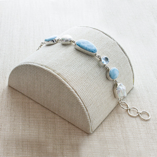 SS Larimar, Pearl, & Blue Topaz Toggle Bracelet