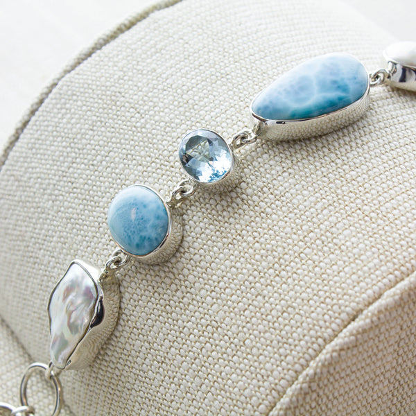 SS Larimar, Pearl, & Blue Topaz Toggle Bracelet