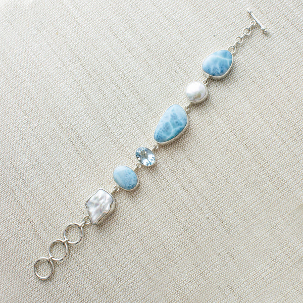 SS Larimar, Pearl, & Blue Topaz Toggle Bracelet