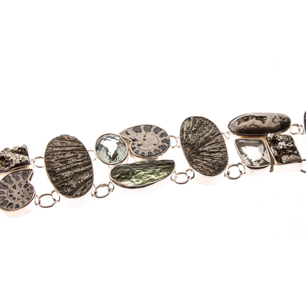 Sterling Silver Pyrite Ammonite and Green Amethyst Toggle Bracelet