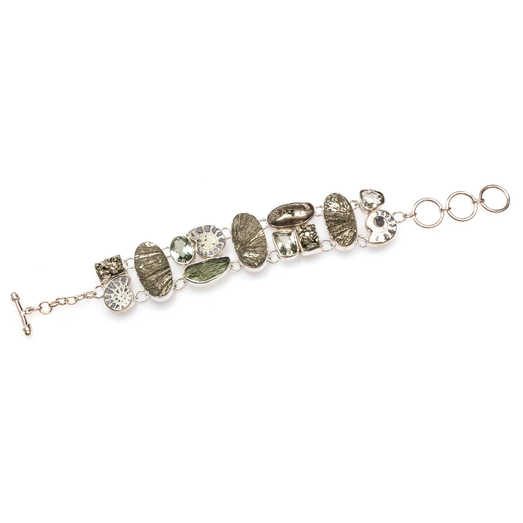 Sterling Silver Pyrite Ammonite and Green Amethyst Toggle Bracelet