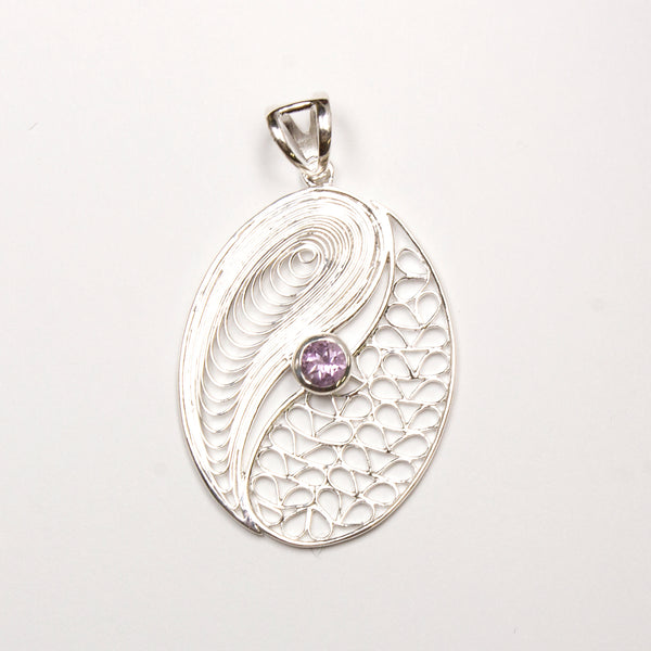 SS Garnet/Amethyst Filigree Oval Pendant
