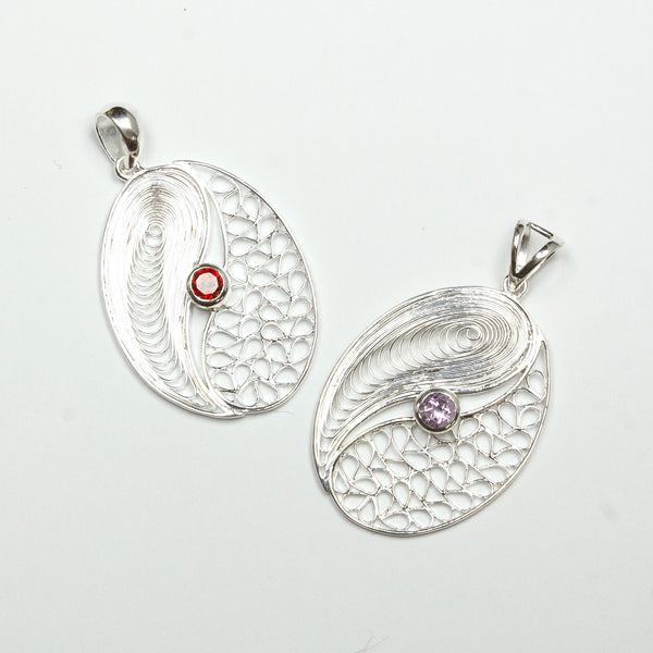 SS Garnet/Amethyst Filigree Oval Pendant