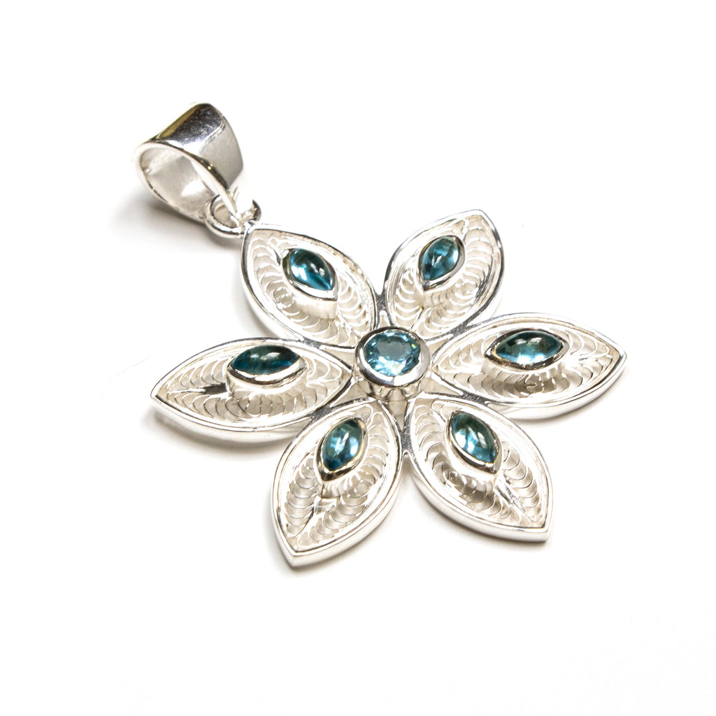 SS Blue Topaz Filigree Marquis Flower Pendant