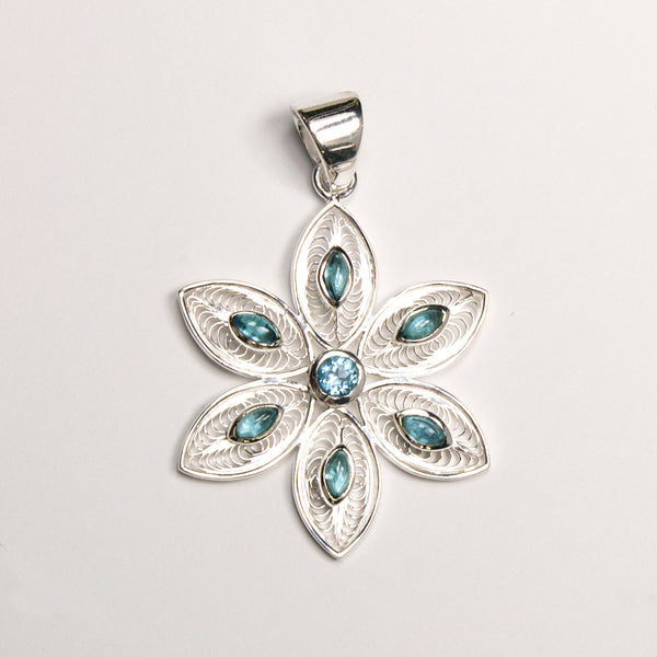 SS Blue Topaz Filigree Marquis Flower Pendant