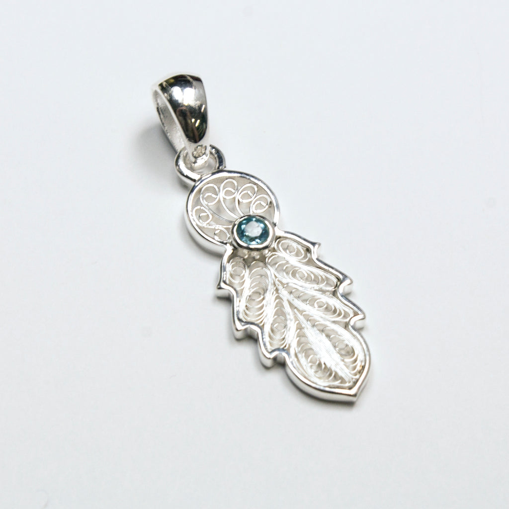 SS Filigree Feather W/ Blue Topaz, Amethyst, Garnet Pendant/Necklace