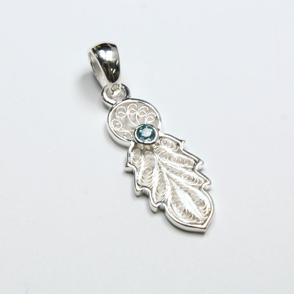 SS Filigree Feather W/ Blue Topaz, Amethyst, Garnet Pendant/Necklace