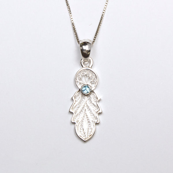 SS Filigree Feather W/ Blue Topaz, Amethyst, Garnet Pendant/Necklace