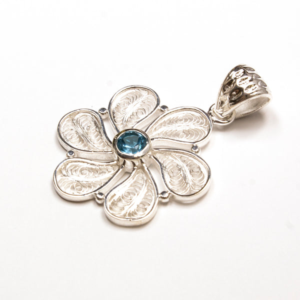 SS Blue Topaz Round Filigree Flower Pendant