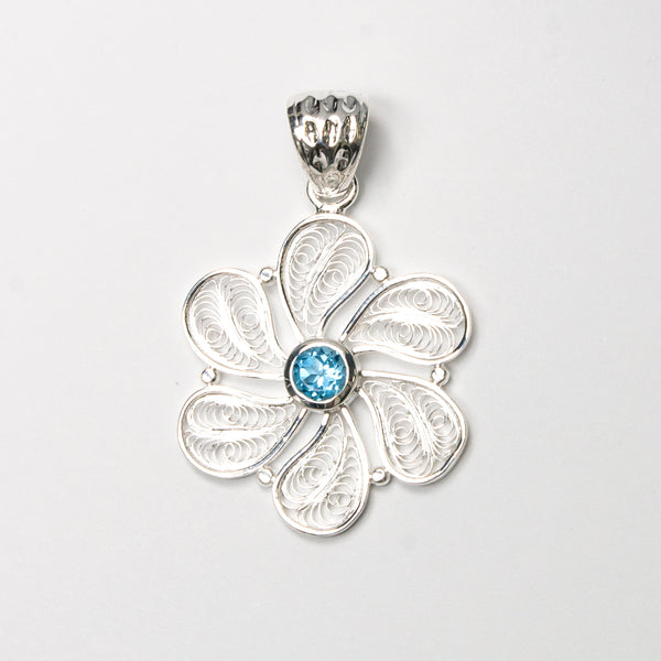 SS Blue Topaz Round Filigree Flower Pendant