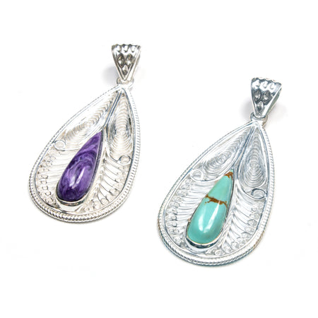 SS Filigree Feather W/ Blue Topaz, Amethyst, Garnet Pendant/Necklace