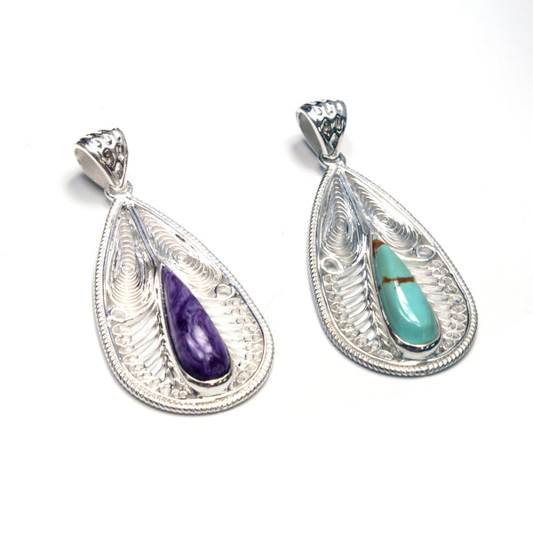 SS Turquoise/Charoite Filigree Pear Pendant