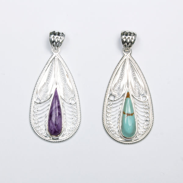 SS Turquoise/Charoite Filigree Pear Pendant
