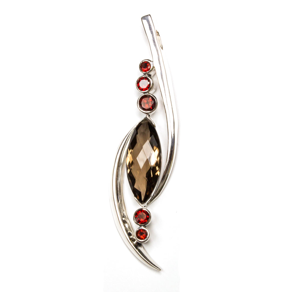 SS Smokey Quartz & Garnet Swooping Marquis Pendant
