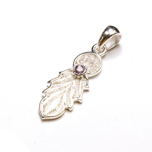 SS Filigree Feather W/ Blue Topaz, Amethyst, Garnet Pendant/Necklace
