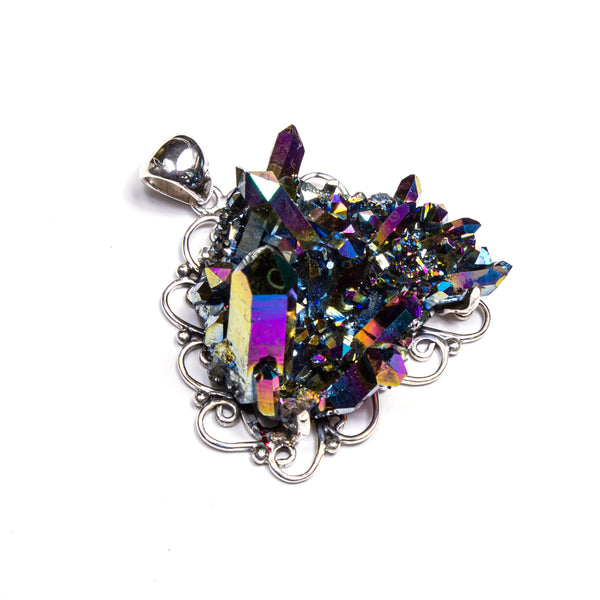 SS Large Titanium Druzy Quartz Cluster Filigree Pendant