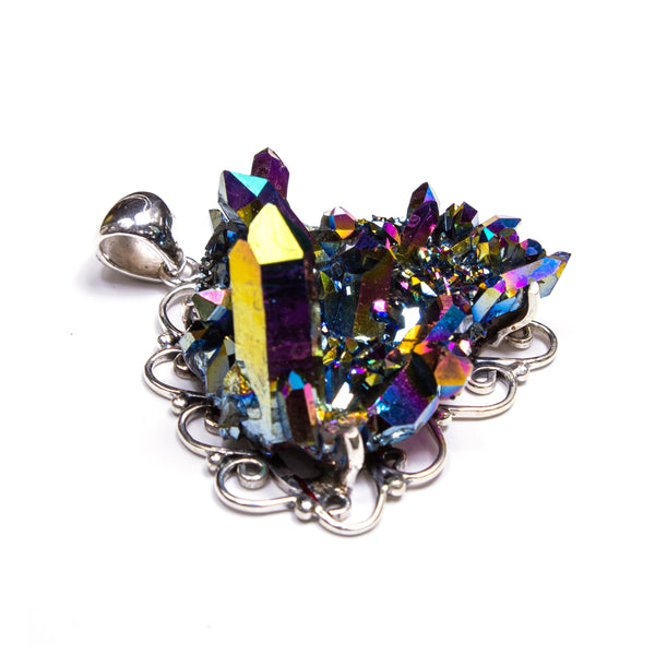 SS Large Titanium Druzy Quartz Cluster Filigree Pendant