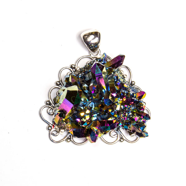 SS Large Titanium Druzy Quartz Cluster Filigree Pendant