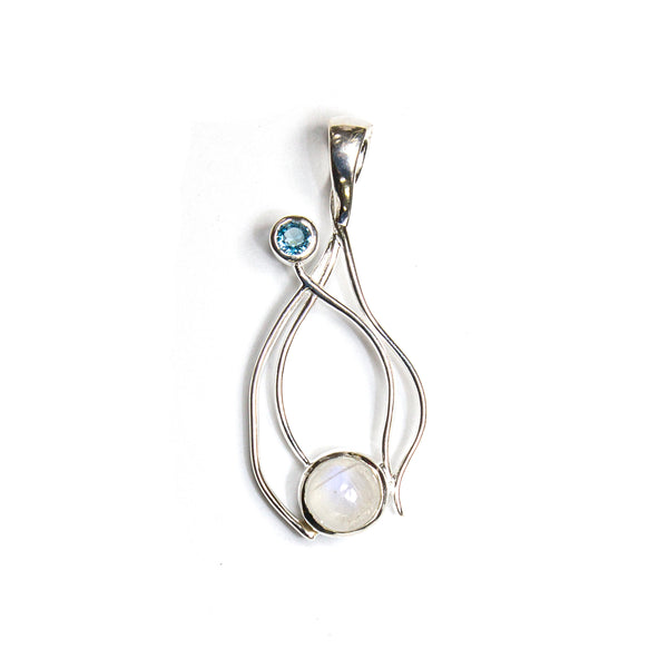SS Rainbow Moonstone & Blue Topaz Wire Pendant