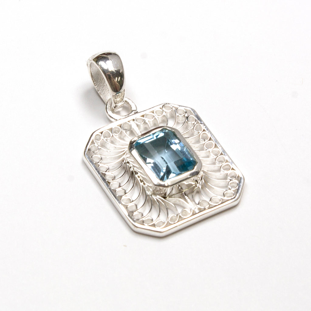 SS Filigree Blue Topaz Gem Cut Rectangle Pendant