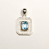 SS Filigree Blue Topaz Gem Cut Rectangle Pendant