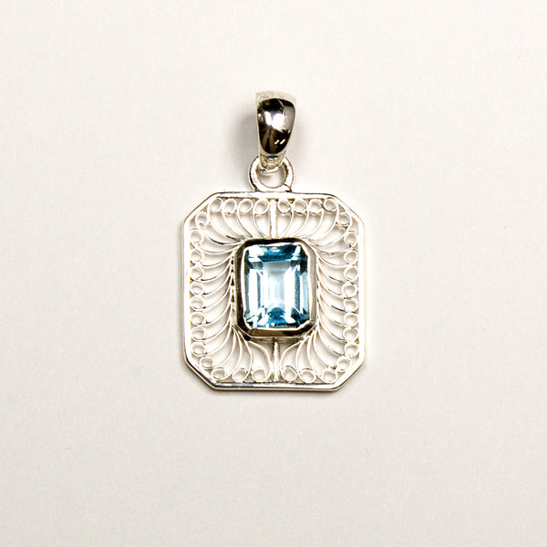 SS Filigree Blue Topaz Gem Cut Rectangle Pendant
