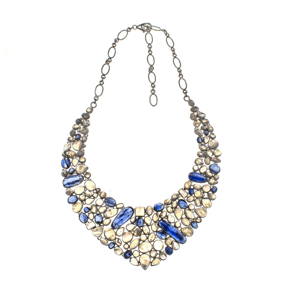 Sterling Silver Rainbow Moonstone and Kyanite Collar Necklace and Earring Set