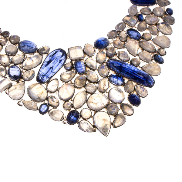 Sterling Silver Rainbow Moonstone and Kyanite Collar Necklace and Earring Set