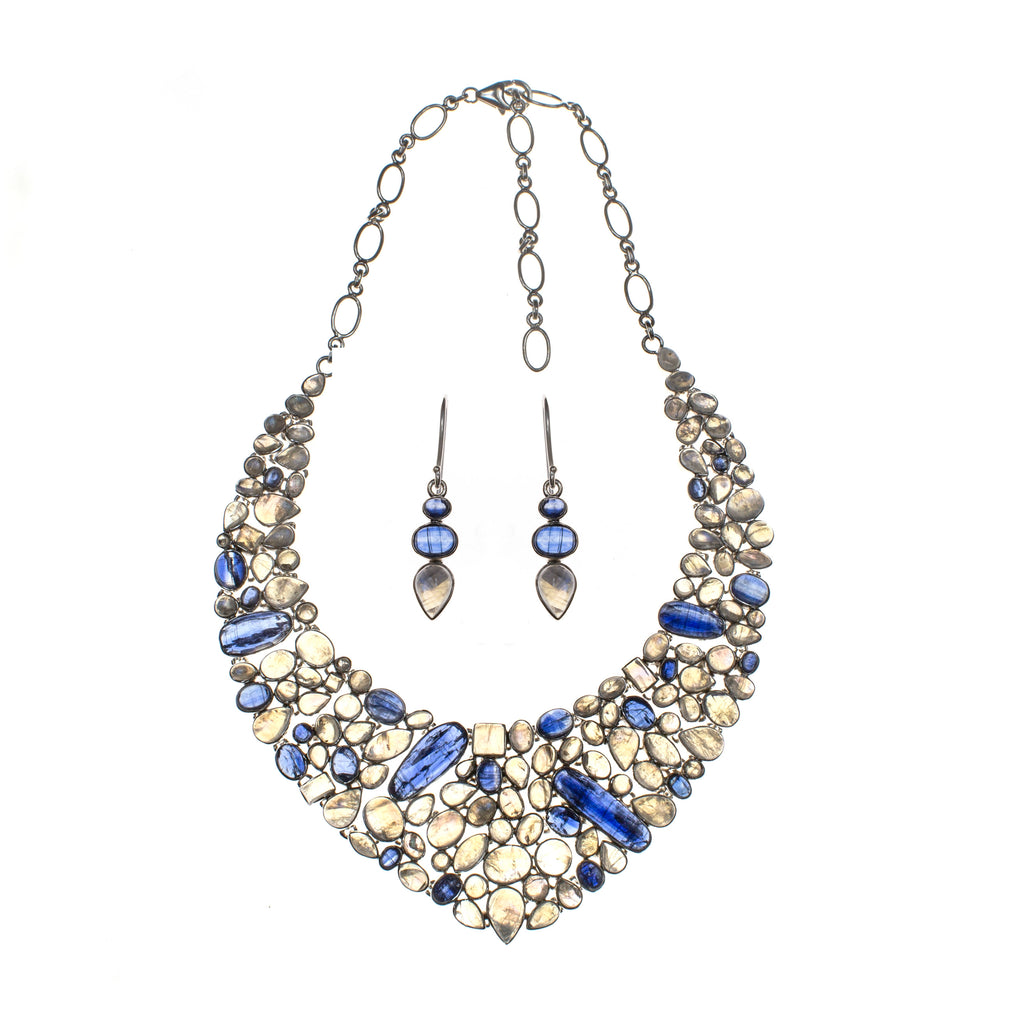 Sterling Silver Rainbow Moonstone and Kyanite Collar Necklace and Earring Set