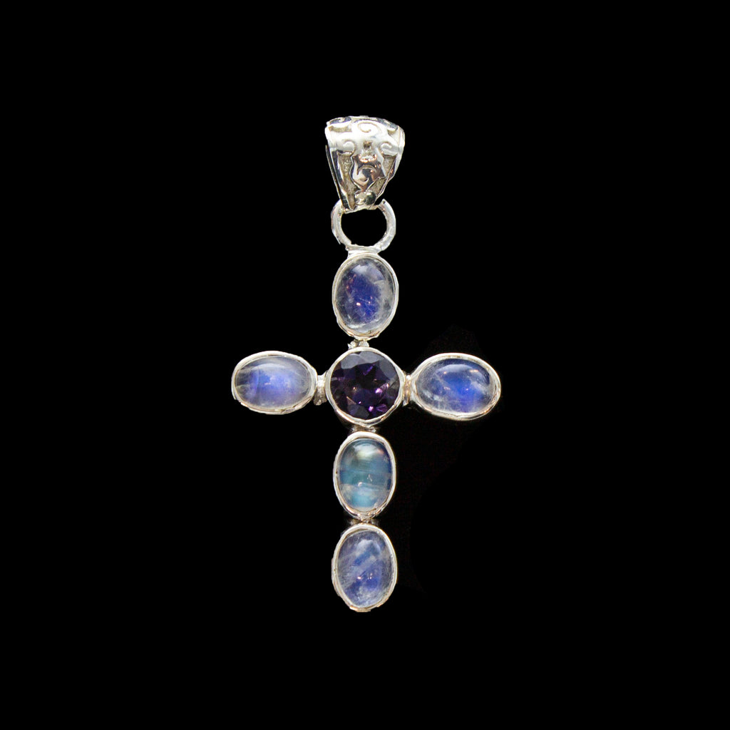 SS Rainbow Moonstone & Iolite Cross Pendant