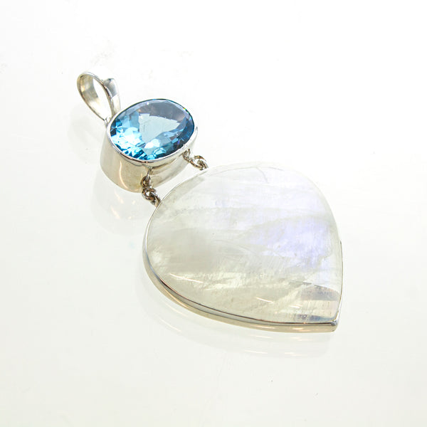 SS Large Blue Topaz Oval & Rainbow Moonstone Drop Pendant